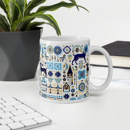 Anunakiz Babylonian Animal Blue Pattern White glossy mug