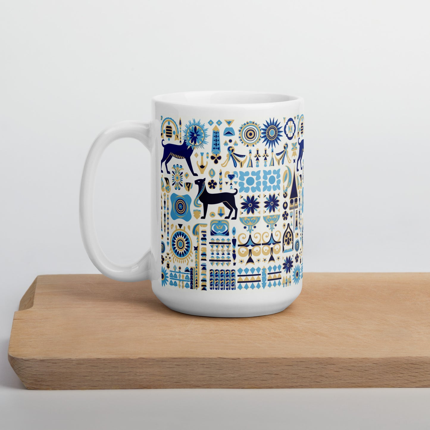 Anunakiz Babylonian Animal Blue Pattern White glossy mug