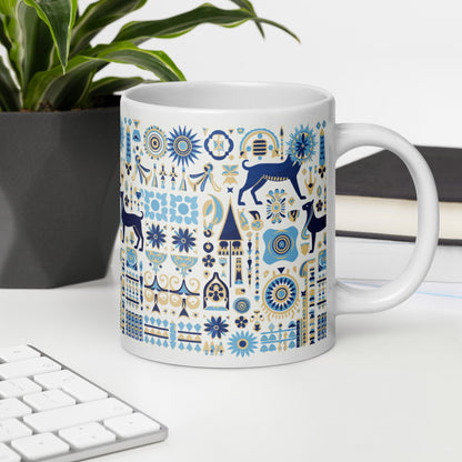 Anunakiz Babylonian Animal Blue Pattern White glossy mug